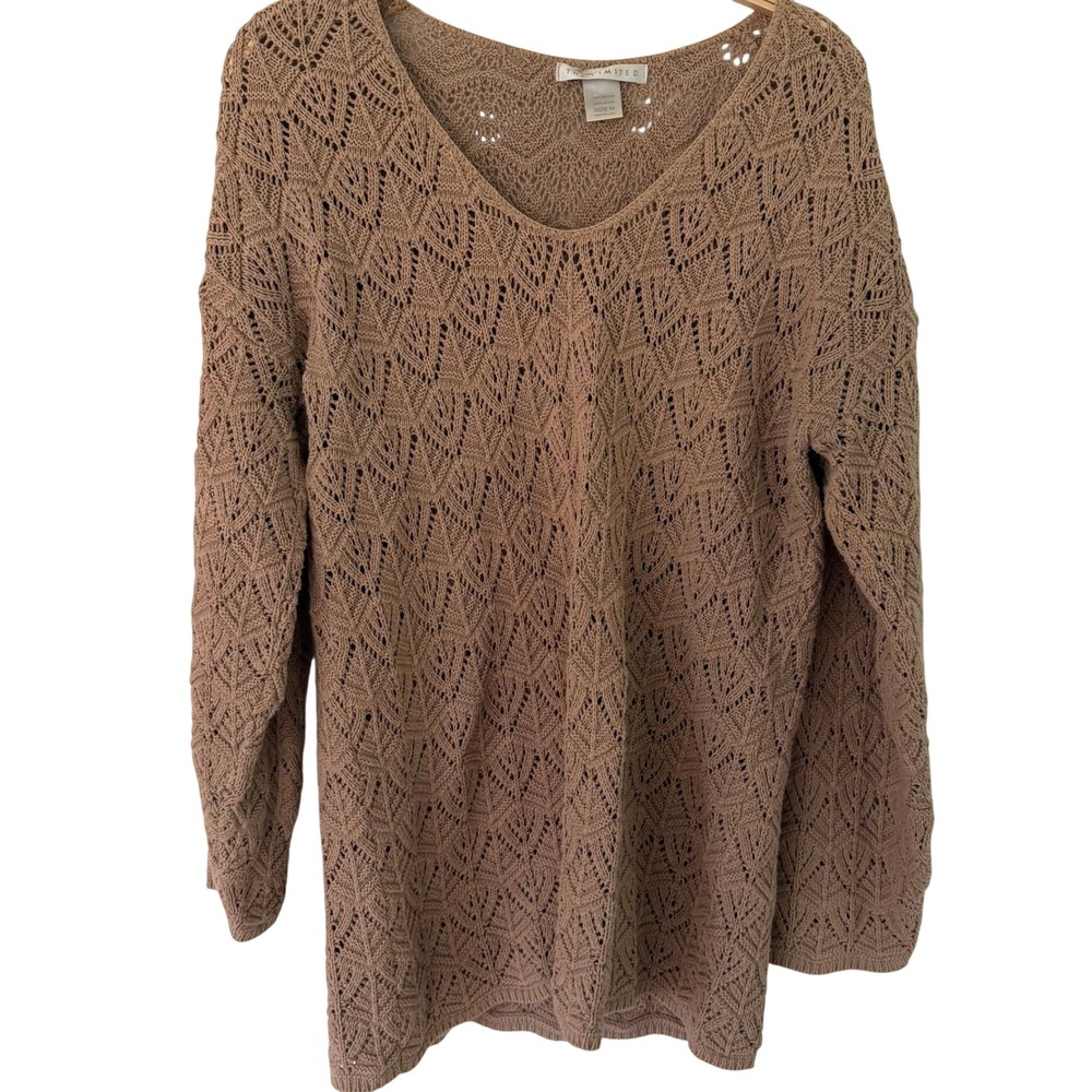 The Limited Women 100% Cotton Tan Pointelle Open Knit V-Neck Sweater Size M